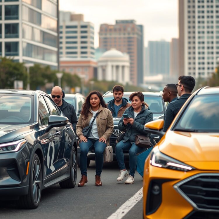 A group of diverse hybrid vehicle owners sharing their experiences and satisfaction with high-speed performance, set against a backdrop of a modern city.
