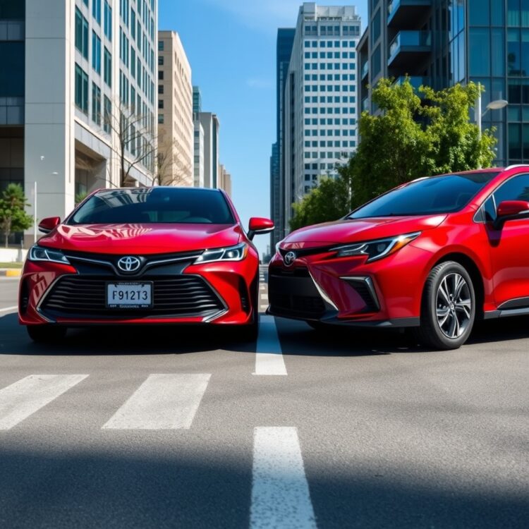 A side-by-side comparison of a Toyota Hybrid and a conventional vehicle, highlighting the differences in performance and maintenance costs, set in a modern urban environment.