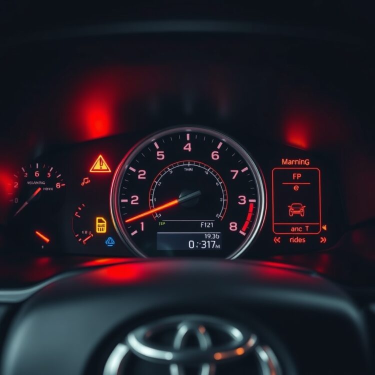 A close-up of a Toyota Hybrid's dashboard displaying warning lights, with a mechanic in the background performing a diagnostic check, symbolizing common misconceptions and solutions.