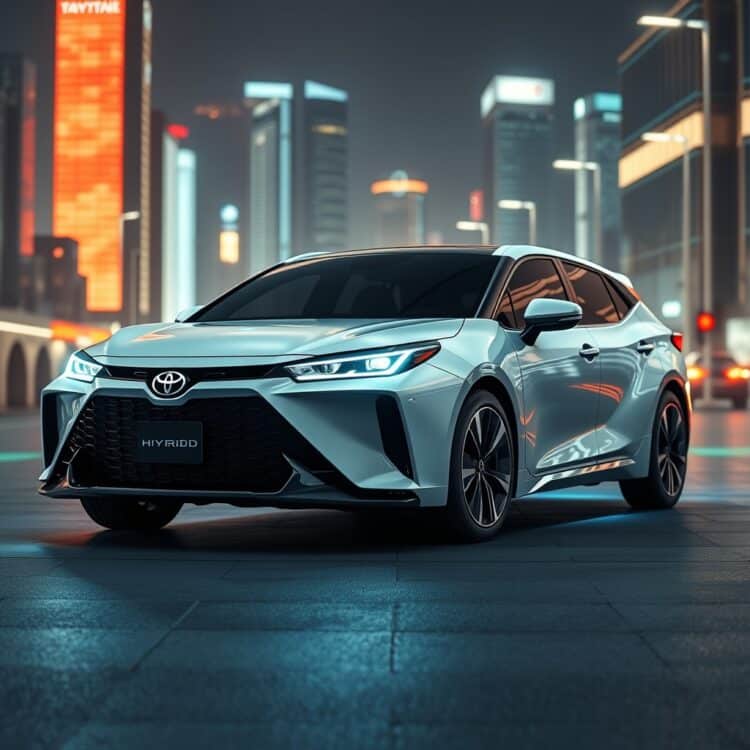 A futuristic concept image of a Toyota Hybrid vehicle with advanced technology features, set against a backdrop of a smart city, representing the future of Toyota Hybrid technology.