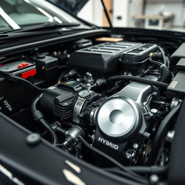 A close-up of a hybrid car's electric motor and engine components, showcasing the technology that enables cold starts without traditional warm-up, set in a modern, clean garage environment.