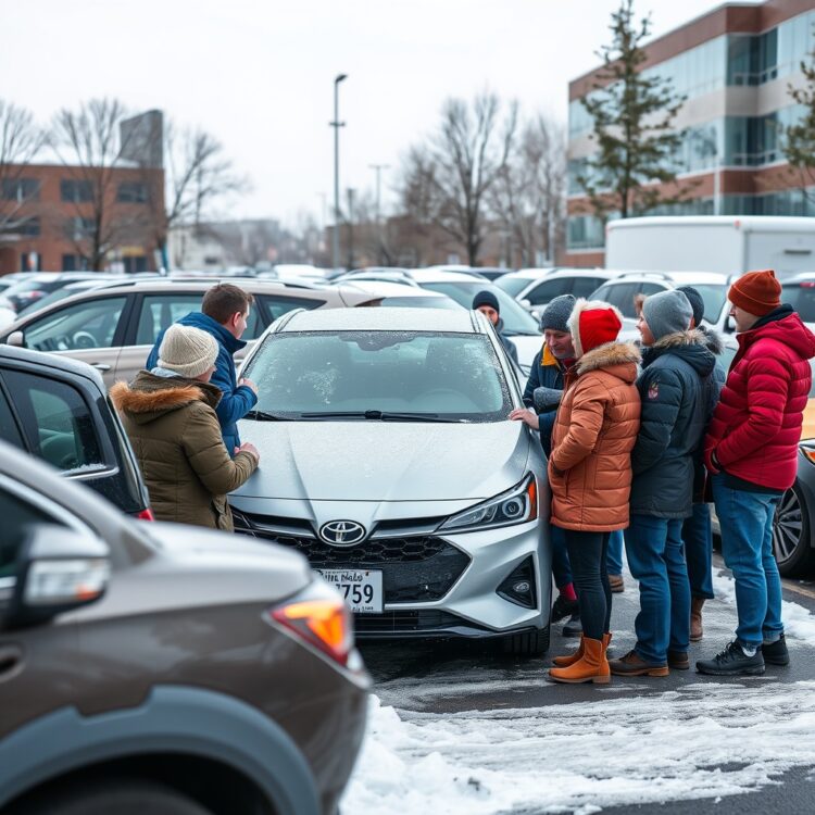 A diverse group of hybrid car owners discussing their experiences and tips for cold weather driving, gathered around a hybrid vehicle in a snowy parking lot.