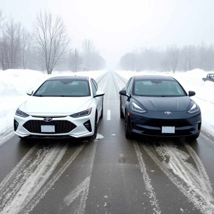 Side-by-side comparison of a hybrid car and an electric vehicle in a cold, snowy environment, highlighting their performance differences in winter conditions.