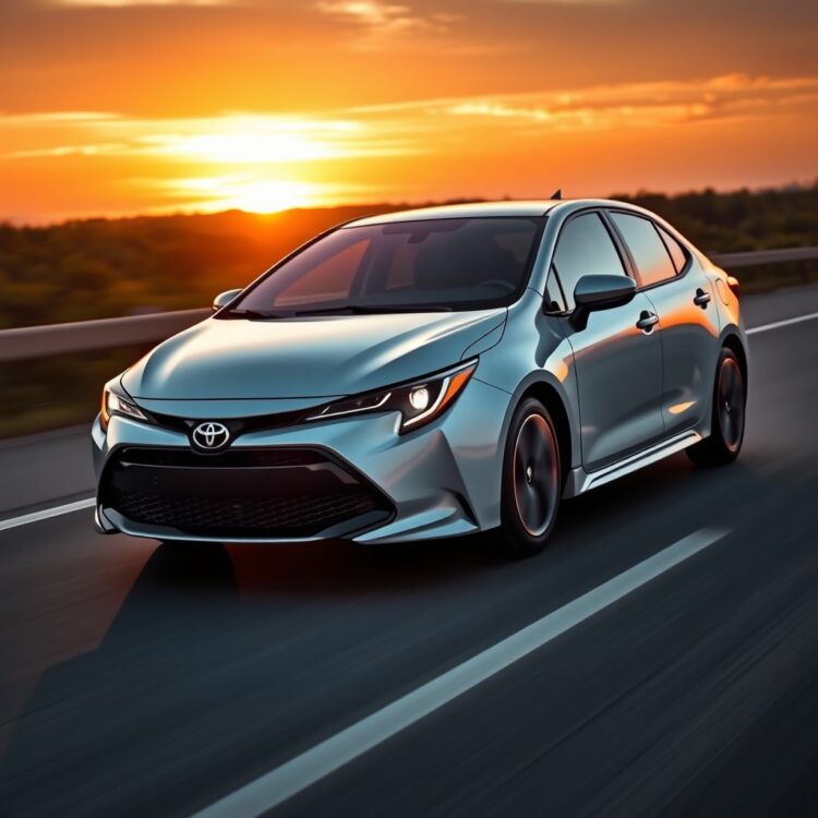 A sleek Toyota Corolla on a highway during sunset, showcasing efficient driving with optimal speed and smooth handling, emphasizing fuel efficiency and mileage maximization.