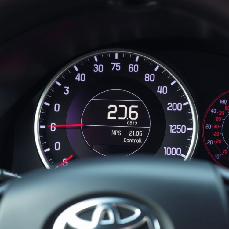 A close-up of a Toyota Corolla's dashboard displaying cruise control activation, highlighting advanced driving techniques for fuel savings and extended range on a full tank.