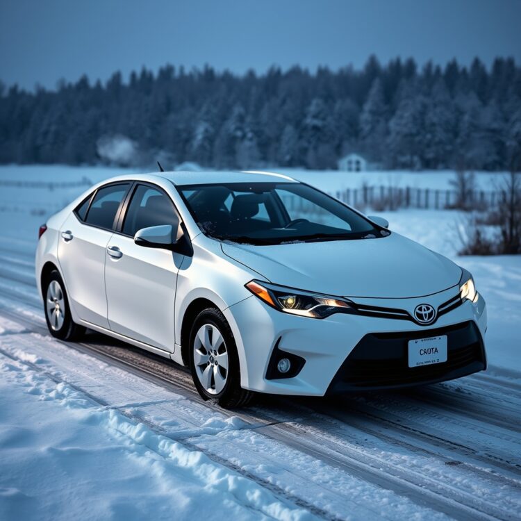 A Toyota Corolla parked in a snowy landscape, illustrating the challenges of winter driving on fuel efficiency, with visible breath in the cold air.