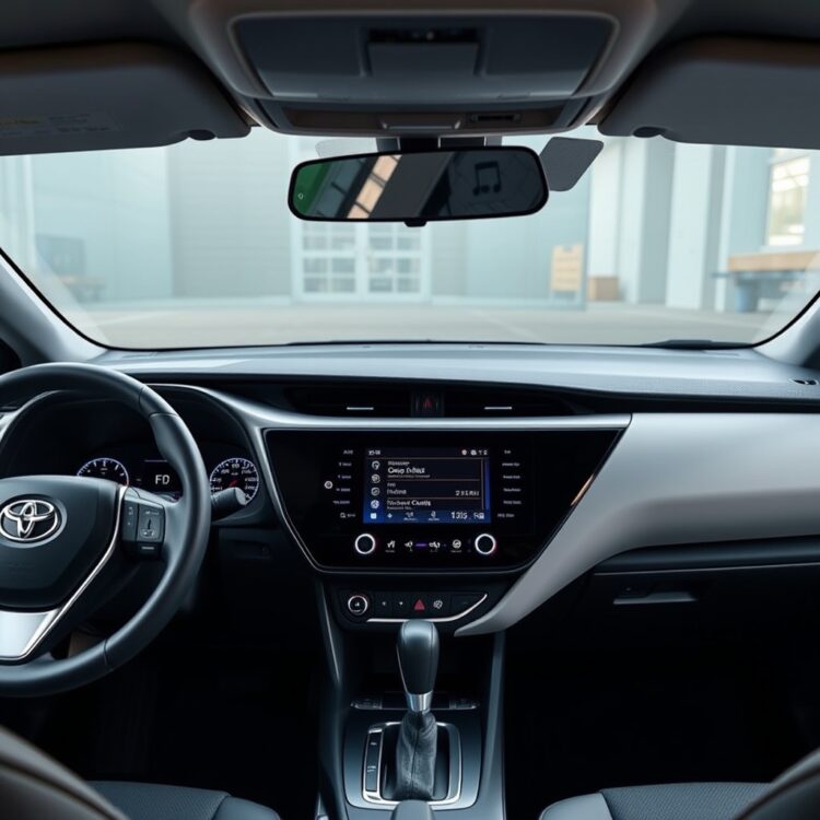 A sleek, modern dashboard of the Corolla Hybrid showcasing the latest infotainment system and technology upgrades, highlighting the contrast between the 2024 and 2025 models.