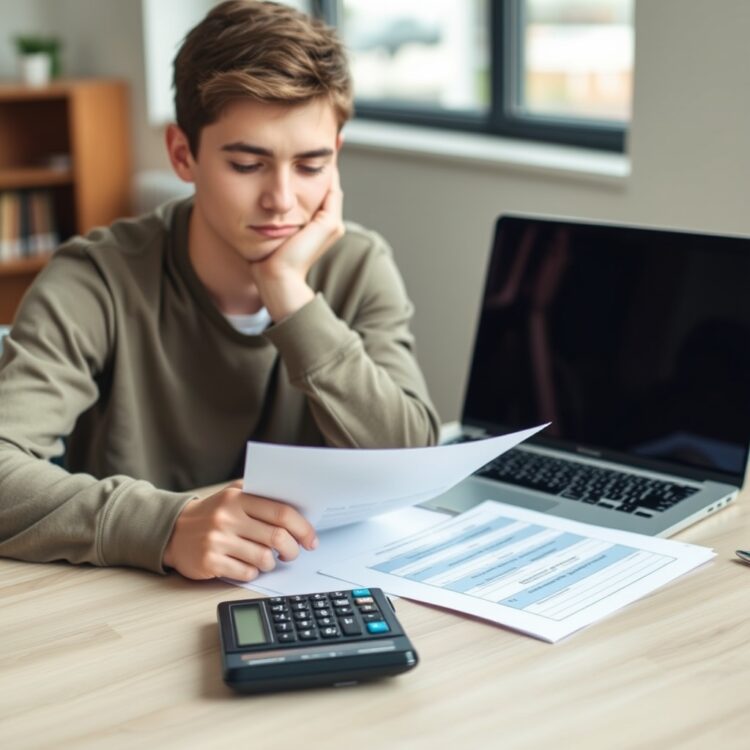 A young person reviewing car insurance documents with a laptop and calculator on the table, symbolizing the search for affordable insurance options.
