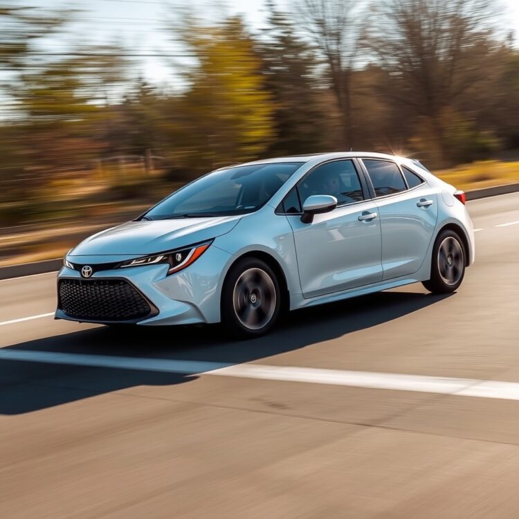 A dynamic shot of the Corolla Hybrid in motion, emphasizing the consumer and critic reviews' focus on performance and handling differences between the 2024 and 2025 models.