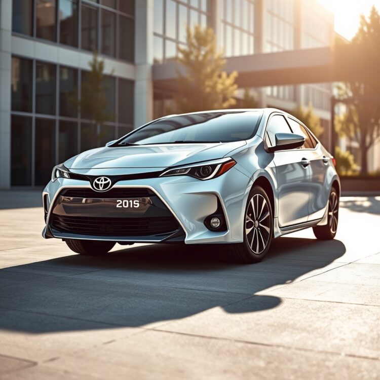 A sleek Toyota Corolla Hybrid parked in a modern urban setting, highlighting its advanced engine technology and fuel efficiency under the sunlight.
