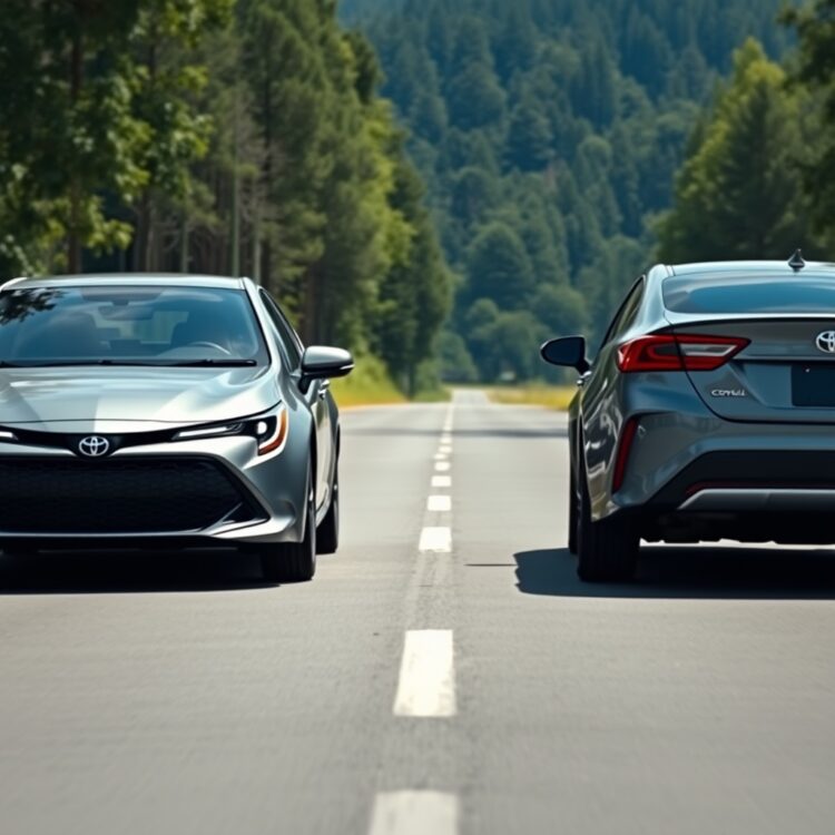 Side-by-side comparison of a Toyota Corolla and its competitors on a road, emphasizing the Corolla's superior fuel efficiency and design.