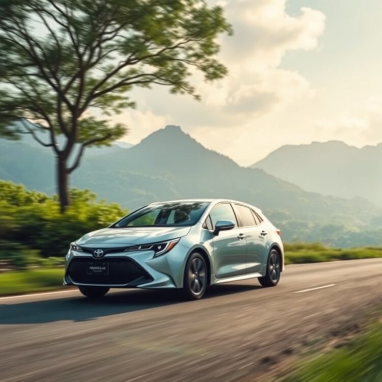 A Toyota Corolla Hybrid driving through a scenic, eco-friendly landscape, showcasing its environmental benefits and fuel efficiency.