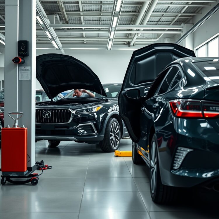 A professional stock photo of a hybrid car undergoing routine maintenance in a well-lit, modern auto service center, focusing on the technician checking the vehicle's hybrid system.