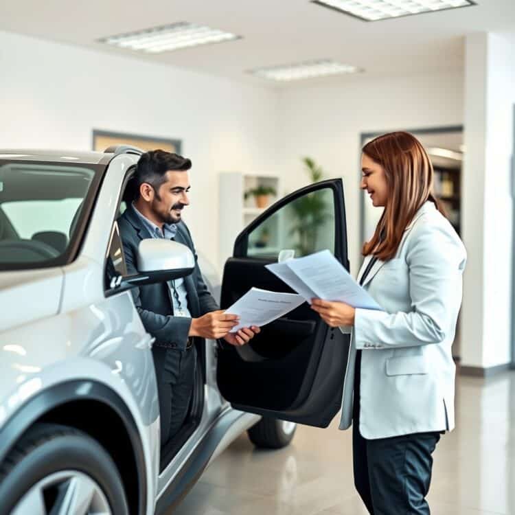 A professional stock photo depicting a hybrid car owner reviewing warranty documents with an insurance agent in a clean, organized office setting.