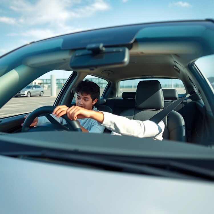 A beginner carefully test driving a car in a spacious parking lot, with an instructor in the passenger seat, emphasizing the importance of a first-hand driving experience.