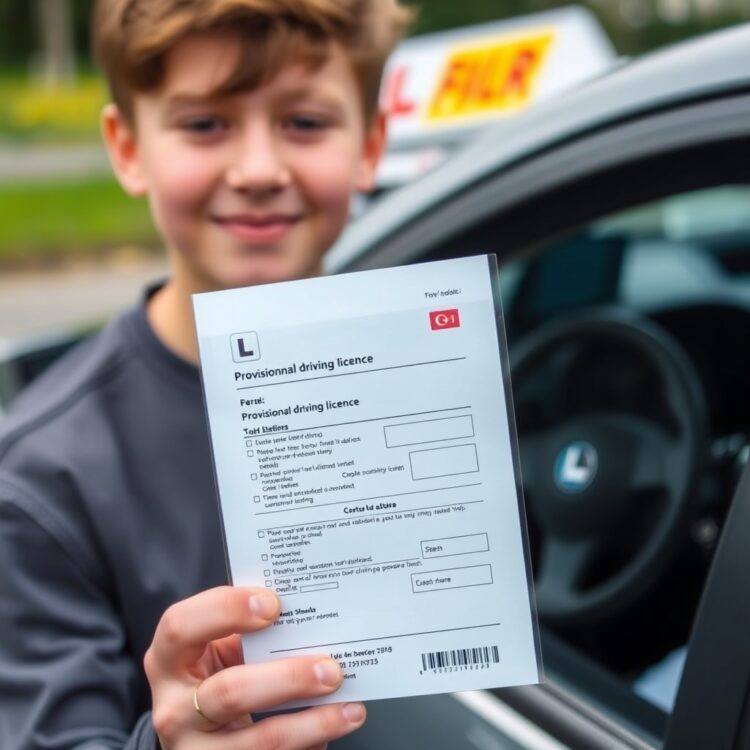A 16-year-old holding a provisional driving licence with a car in the background, representing the first steps towards learning to drive.