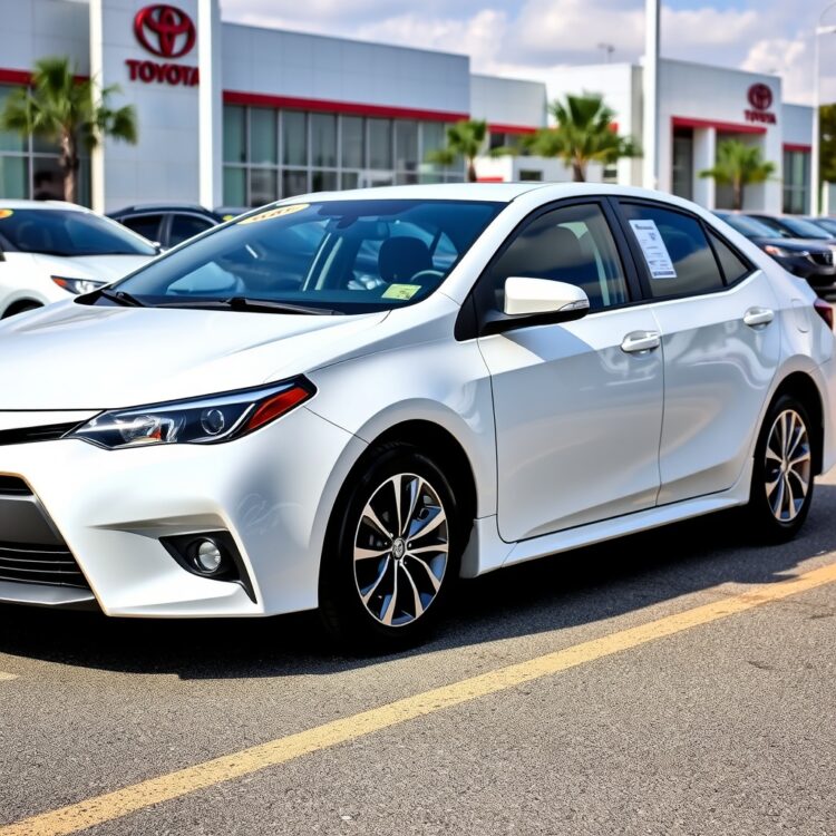 A professional stock photo of a Toyota Corolla Hybrid parked in a dealership lot with a price tag visible, showcasing the comparison between new and used models.