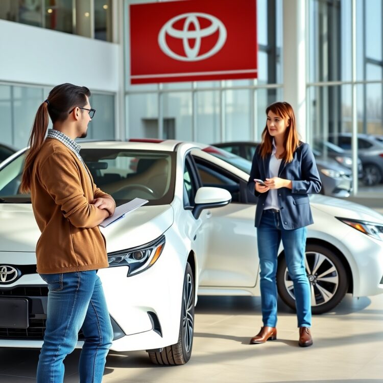 A professional stock photo depicting a customer discussing trade-in options with a dealer in front of a Toyota Corolla Hybrid, highlighting the negotiation process.