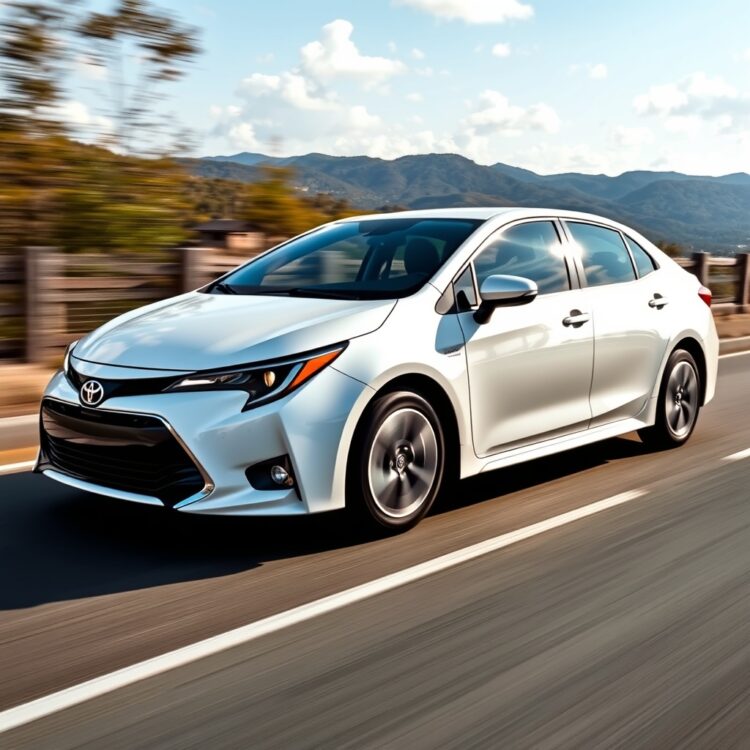 A professional stock photo of a Toyota Corolla Hybrid in motion, showcasing eco-driving techniques with a focus on smooth acceleration and braking against a scenic backdrop.