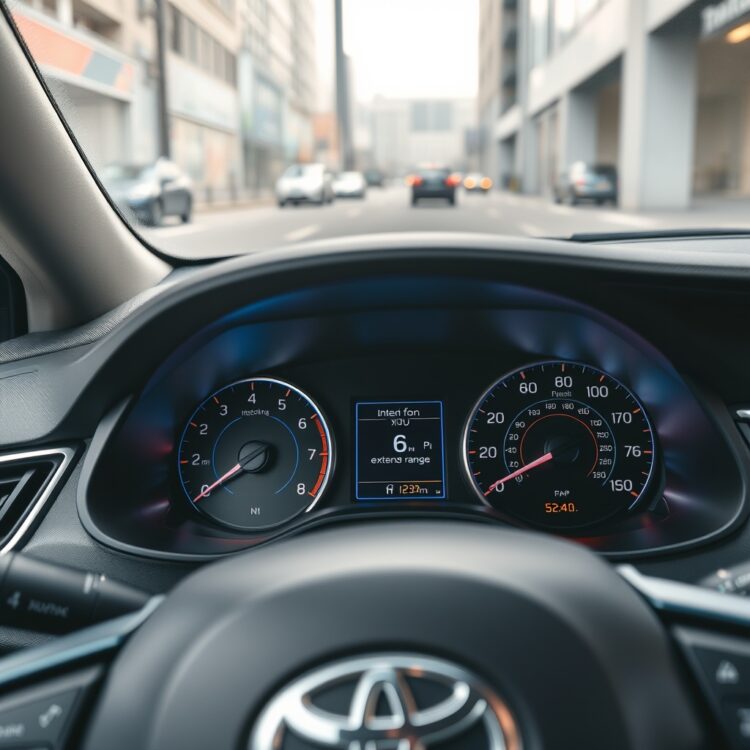 A high-quality stock image of a Toyota Corolla Hybrid dashboard with clear indicators visible, highlighting the vehicle's technology and features for extending range, set in a modern urban environment.