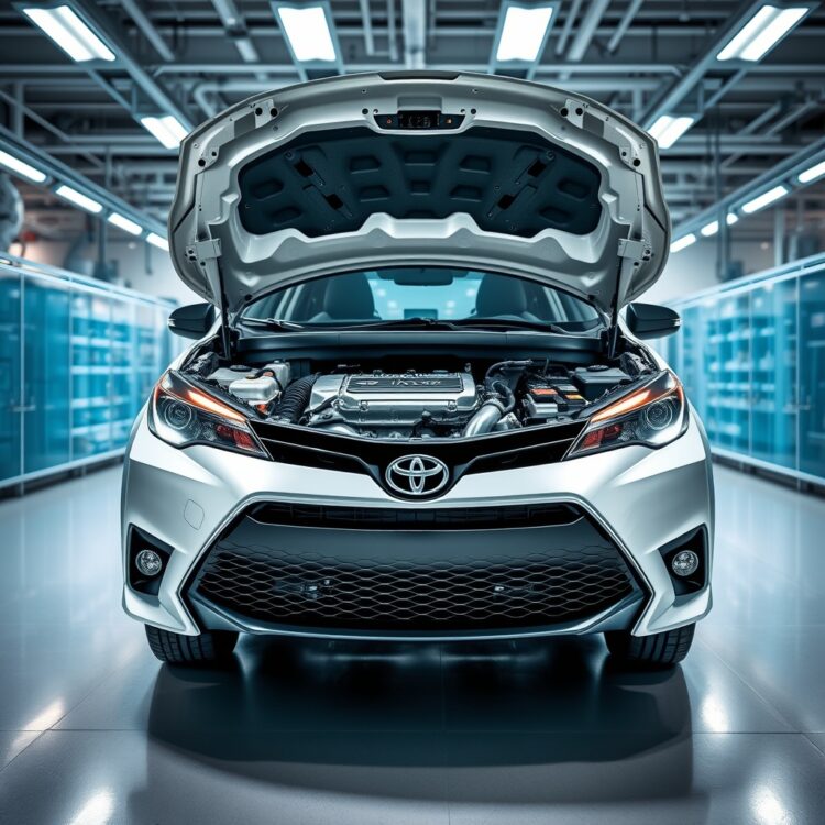 A professional stock photo illustrating the science behind hybrid fuel efficiency, featuring a cutaway view of a Toyota Corolla Hybrid's engine and battery system in a high-tech lab setting.