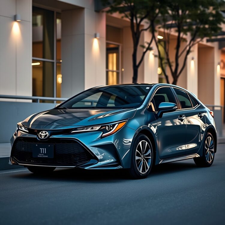 A sleek Toyota Corolla Hybrid parked in a modern urban setting, highlighting its design and efficiency with a focus on cost analysis and long-term savings.