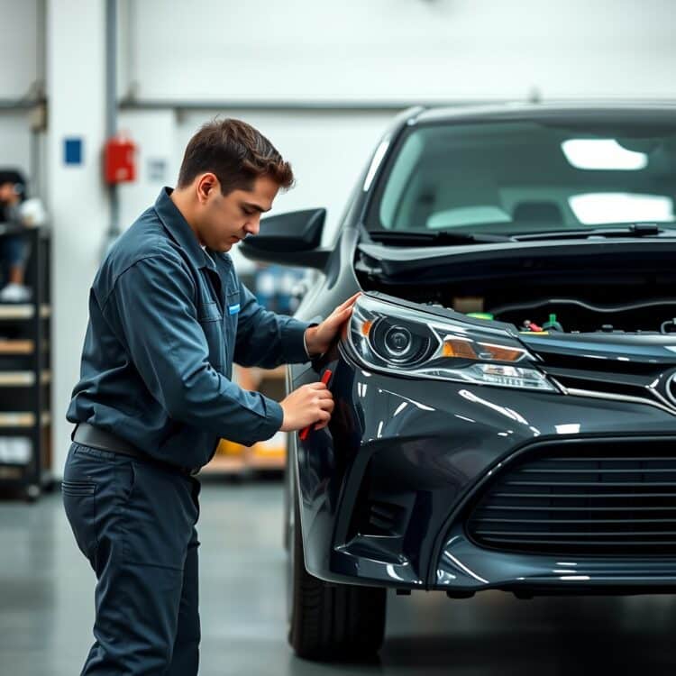 A professional mechanic performing routine maintenance on a Toyota Corolla Hybrid, symbolizing reliability and care for hybrid vehicles.