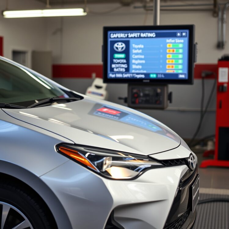 A professional stock photo of a Toyota Corolla undergoing a safety inspection with a focus on the vehicle's safety features and ratings displayed on a digital screen in the background.