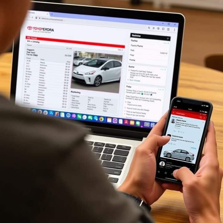 A high-quality stock image of a person researching a Toyota Corolla's history online, with a laptop showing a vehicle history report and a smartphone displaying a car forum discussion.