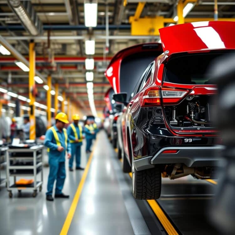 A professional stock photo depicting a Toyota manufacturing plant, highlighting the assembly line and workers to emphasize the impact of manufacturing changes on vehicle quality.