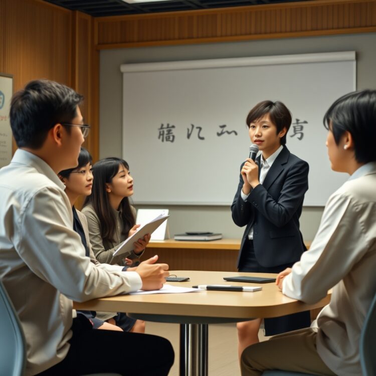A professional setting with a Japanese language teacher and students engaging in a discussion, focusing on the correct pronunciation and usage of the word Corolla in Japanese.