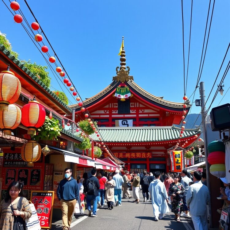 A vibrant Japanese festival scene with traditional decorations, showcasing the cultural significance and regional interpretations of the word Corolla in Japan.