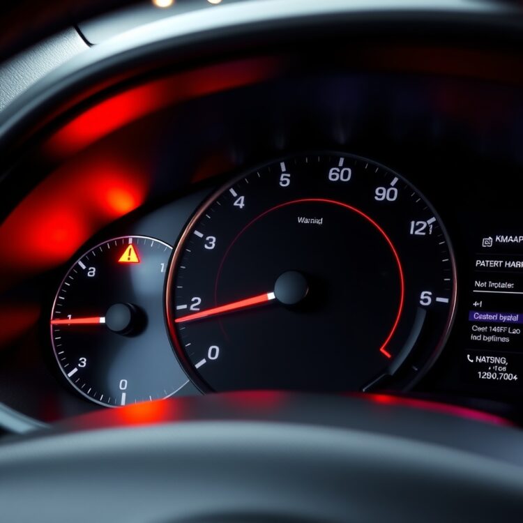 A close-up of a Toyota Corolla Hybrid dashboard with a warning light illuminated, indicating potential battery issues, set in a professional automotive setting.