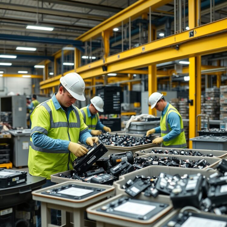 An environmentally friendly recycling center with workers safely handling and processing hybrid batteries, highlighting the eco-conscious disposal of Toyota Corolla Hybrid batteries.