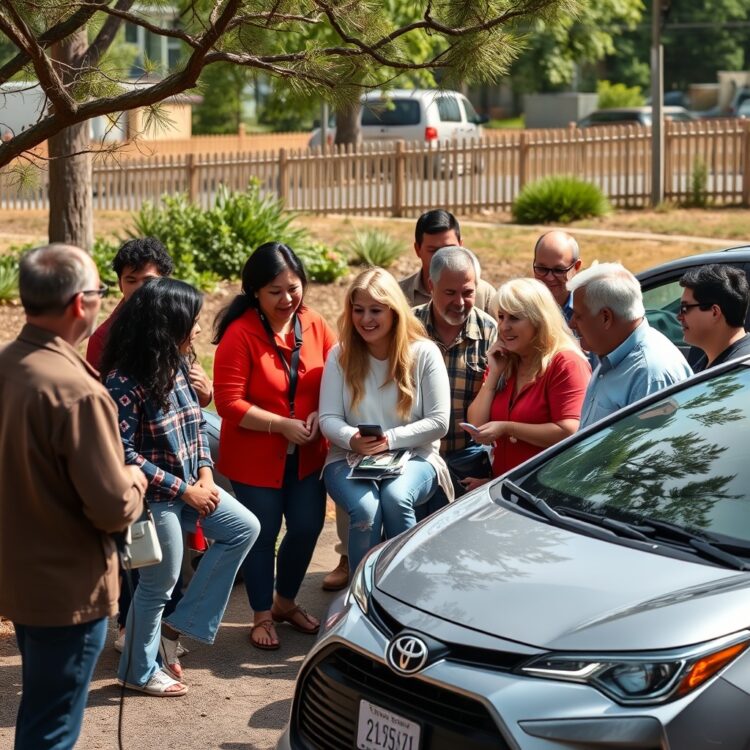 A diverse group of Toyota Corolla Hybrid owners sharing their experiences and testimonials about their vehicle's battery performance in a casual, outdoor setting.