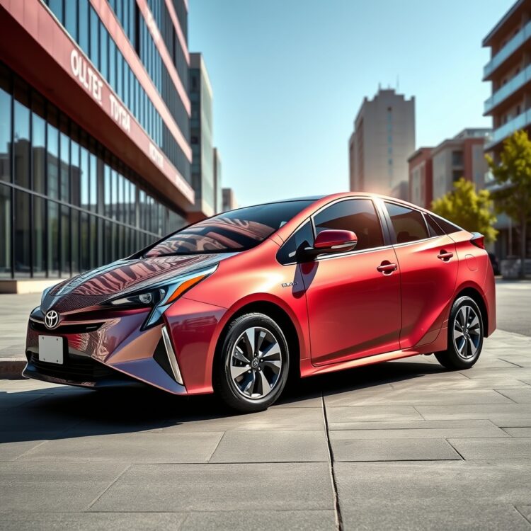 A sleek Toyota Prius parked in a modern urban setting, showcasing its innovative design and hybrid technology under the sunlight.