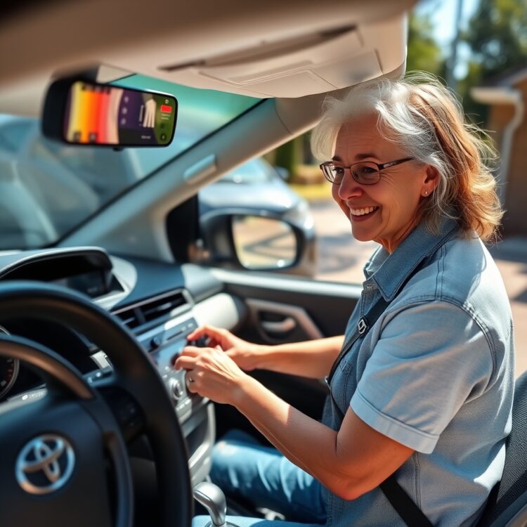 A happy Toyota hybrid owner checking their vehicle's dashboard for fuel efficiency stats in a sunny driveway, emphasizing cost savings and reliability.