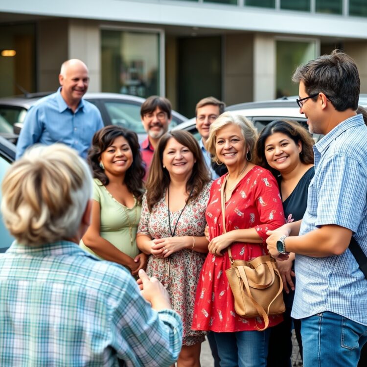 A diverse group of Toyota hybrid owners sharing their positive experiences at a community meet-up, highlighting satisfaction and environmental benefits.