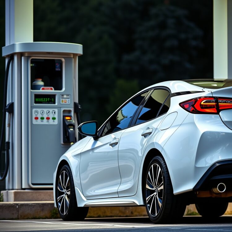 A sleek Toyota Corolla Hybrid parked next to a fuel pump, showcasing its efficiency with a clear focus on the car's design and the pump's litre measurement display.