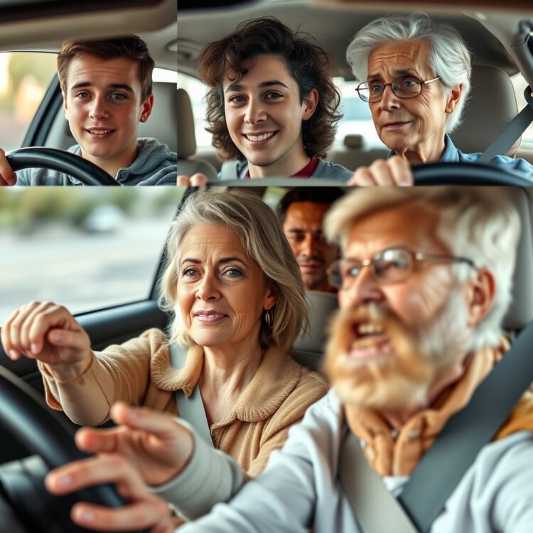 A diverse group of drivers including teens, young adults, middle-aged, and elderly individuals, highlighting the varying risks across age groups with a focus on safety and awareness.