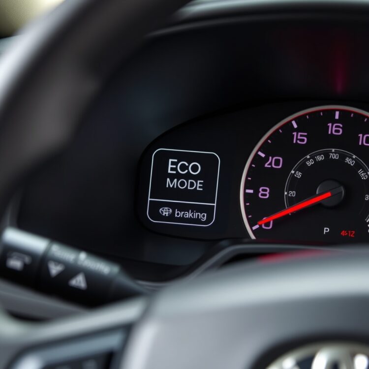 Close-up of a Toyota Corolla Hybrid's dashboard highlighting the Eco Mode button and regenerative braking system, emphasizing the technology that enhances fuel efficiency.