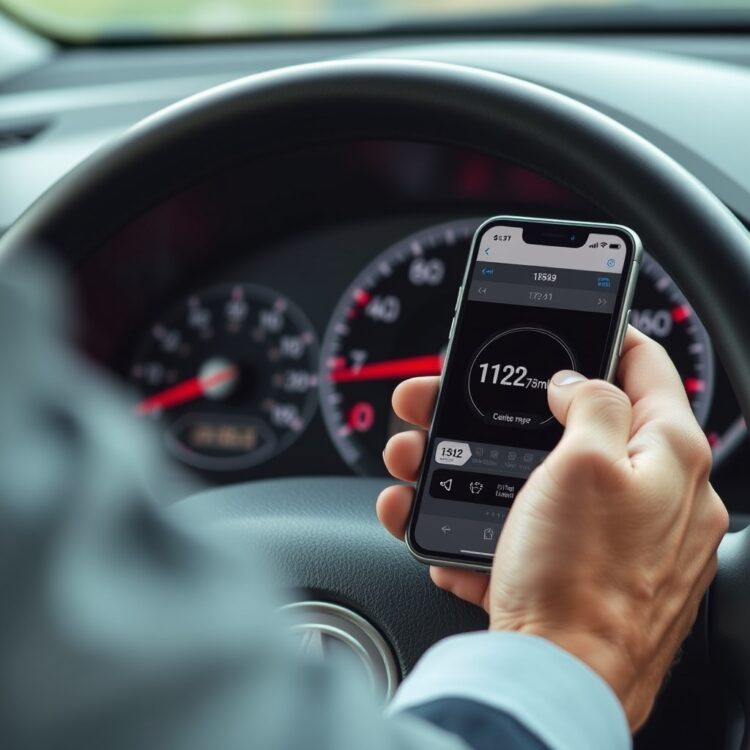 A person using a smartphone app to track their Toyota Corolla Hybrid's mileage per litre, with the car's odometer visible in the background.