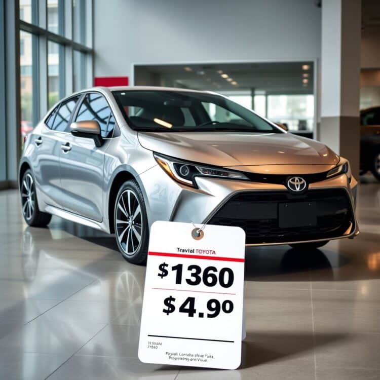 A sleek Toyota Corolla Hybrid parked in a showroom with a price tag prominently displayed, highlighting affordability and value.