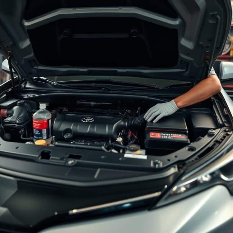 A close-up of a Toyota Corolla Hybrid's engine bay with a mechanic performing routine maintenance, showcasing the vehicle's reliability and upkeep.