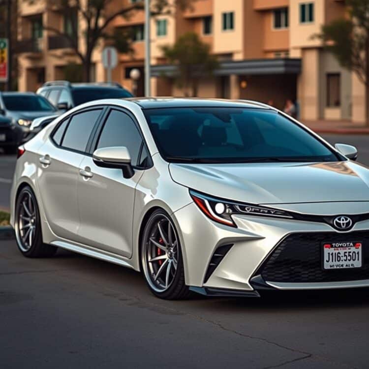 A Toyota Corolla Hybrid with custom wheels and accessories, parked in an urban setting, illustrating the potential for personalization and upgrades.