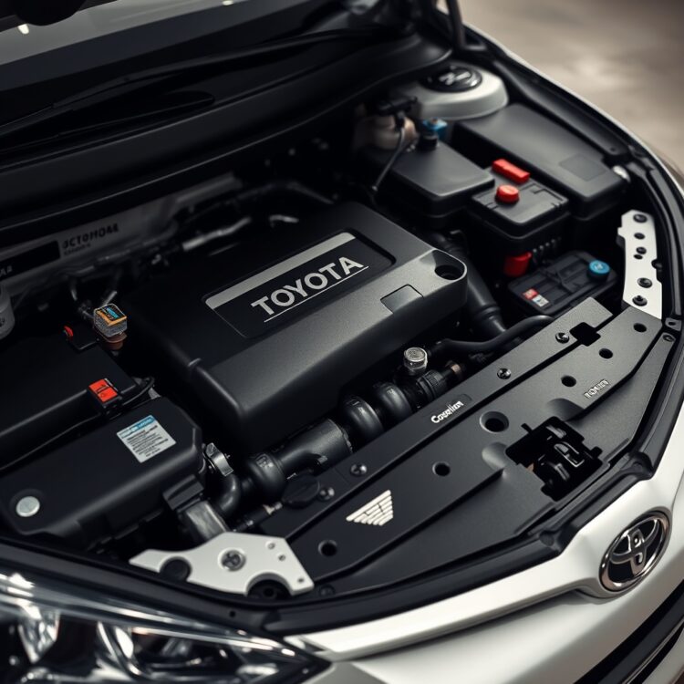 A close-up of a Toyota Corolla's engine bay highlighting the engine and transmission codes with a clean, professional lighting setup.