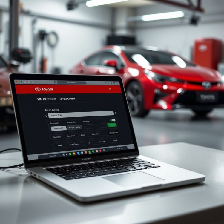 A modern laptop displaying a Toyota VIN decoder tool in use, with a blurred background of a Toyota Corolla parked in a well-lit garage.