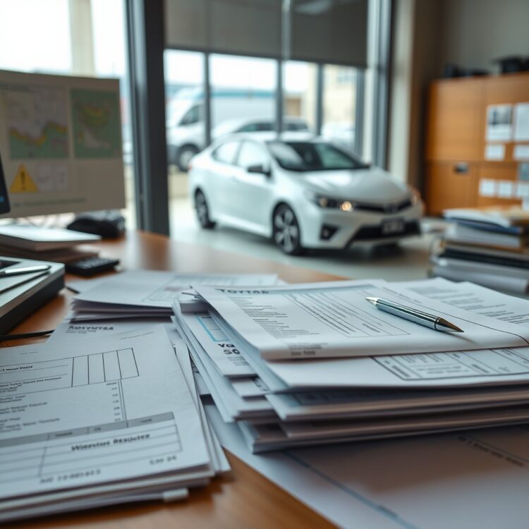A detailed shot of import/export documentation spread out on a desk, with a Toyota Corolla visible in the background through a window.