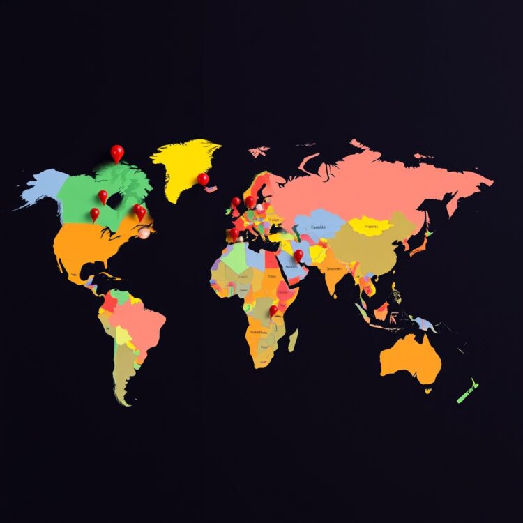 A global map with pins marking different countries, illustrating the variety of legal driving ages around the world, emphasizing the impact of laws on driving safety.