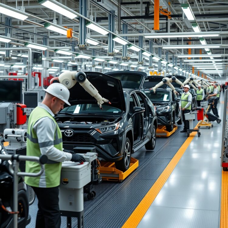 A modern Toyota manufacturing plant in the UK showcasing the assembly line with workers and robots collaborating on vehicle production, emphasizing economic and environmental benefits.